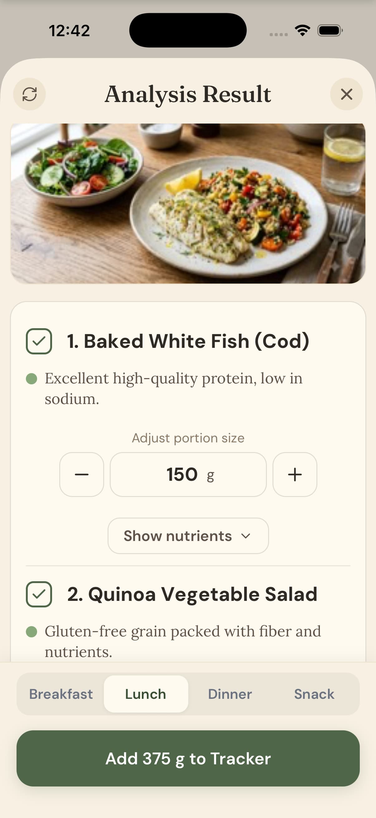 renalee splitting a photographed lunch into separate dishes — baked white fish and quinoa vegetable salad — each with an editable portion in grams, ready to add to the day
