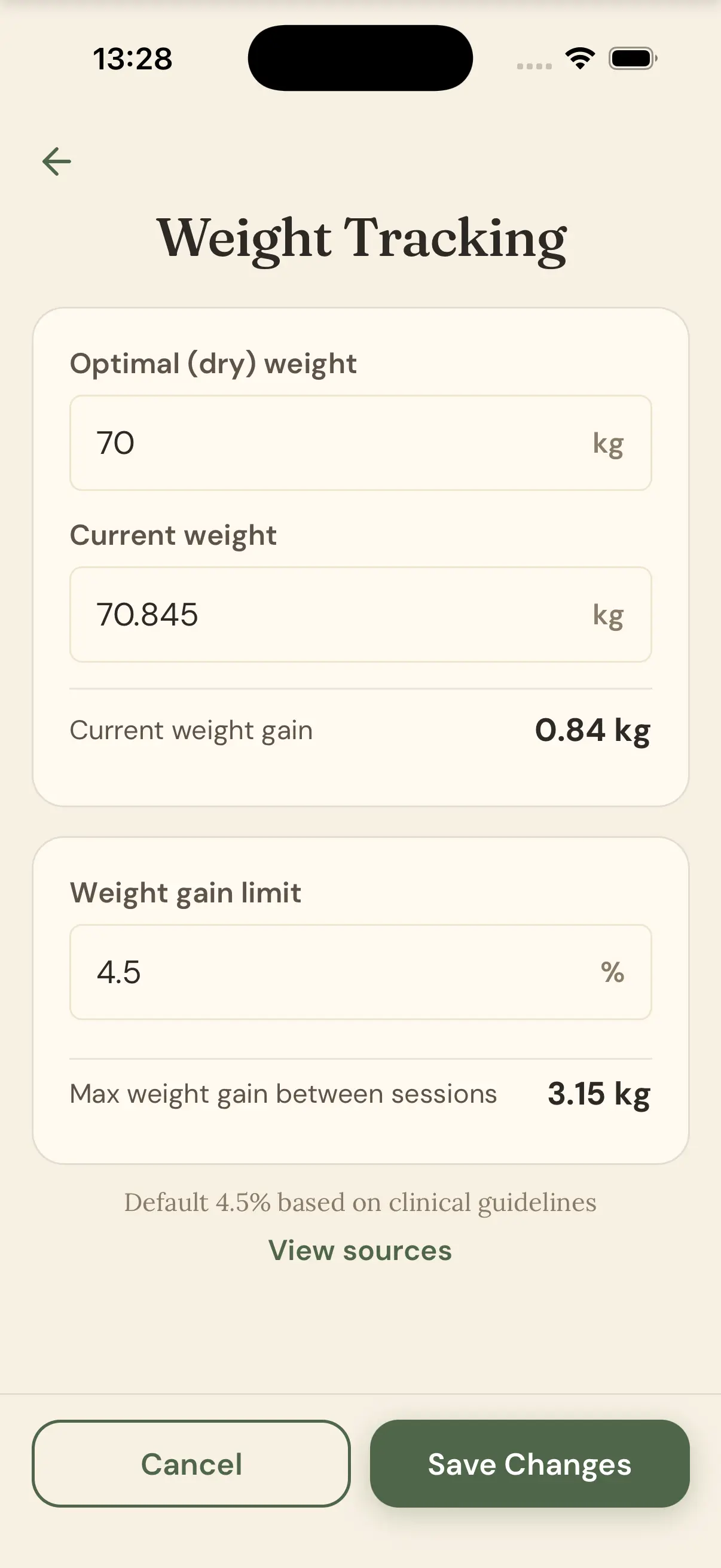 renalee weight tracking settings: dry weight 70 kg, current weight 70.845 kg, a gain of 0.84 kg, and a 4.5% ceiling giving a maximum gain of 3.15 kg between sessions